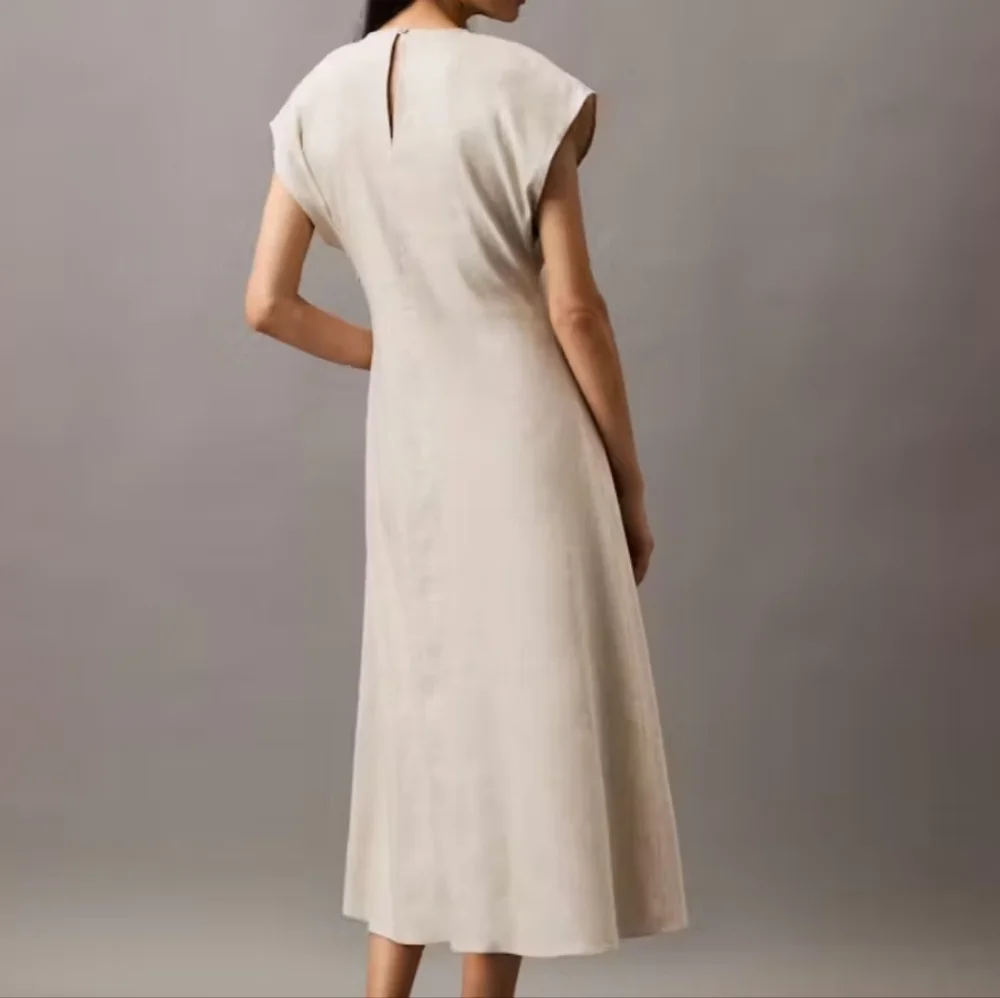 New Calvin Klein Linen Stretch Elegant Cream Midi Dress Large - Picture 2 of 13